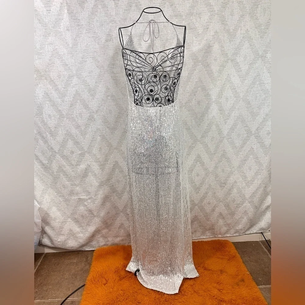 Lucy in the Sky Kaira cowl neck silver sequin maxi dress with leg slit size L